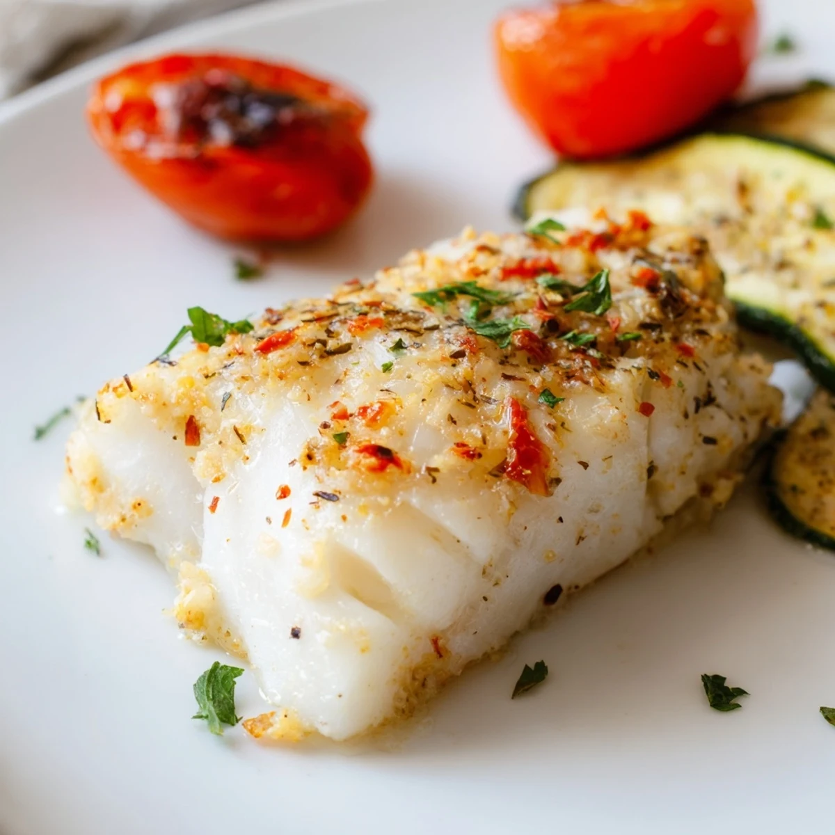 Golden baked cod fillets rest on a baking tray surrounded by roasted red bell peppers, zucchini, and cherry tomatoes, garnished with fresh parsley and lemon wedges.