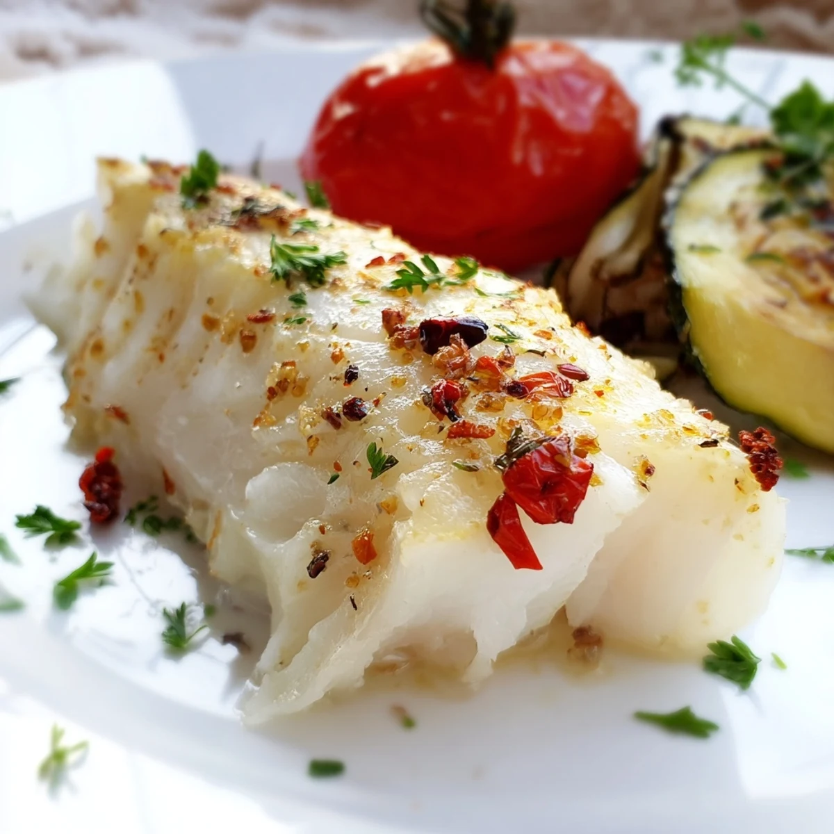 Close-up of a baked cod dish platter showing flaky, lemon-garlic cod nestled next to vibrant roasted vegetables, perfect for a healthy Mediterranean dinner.