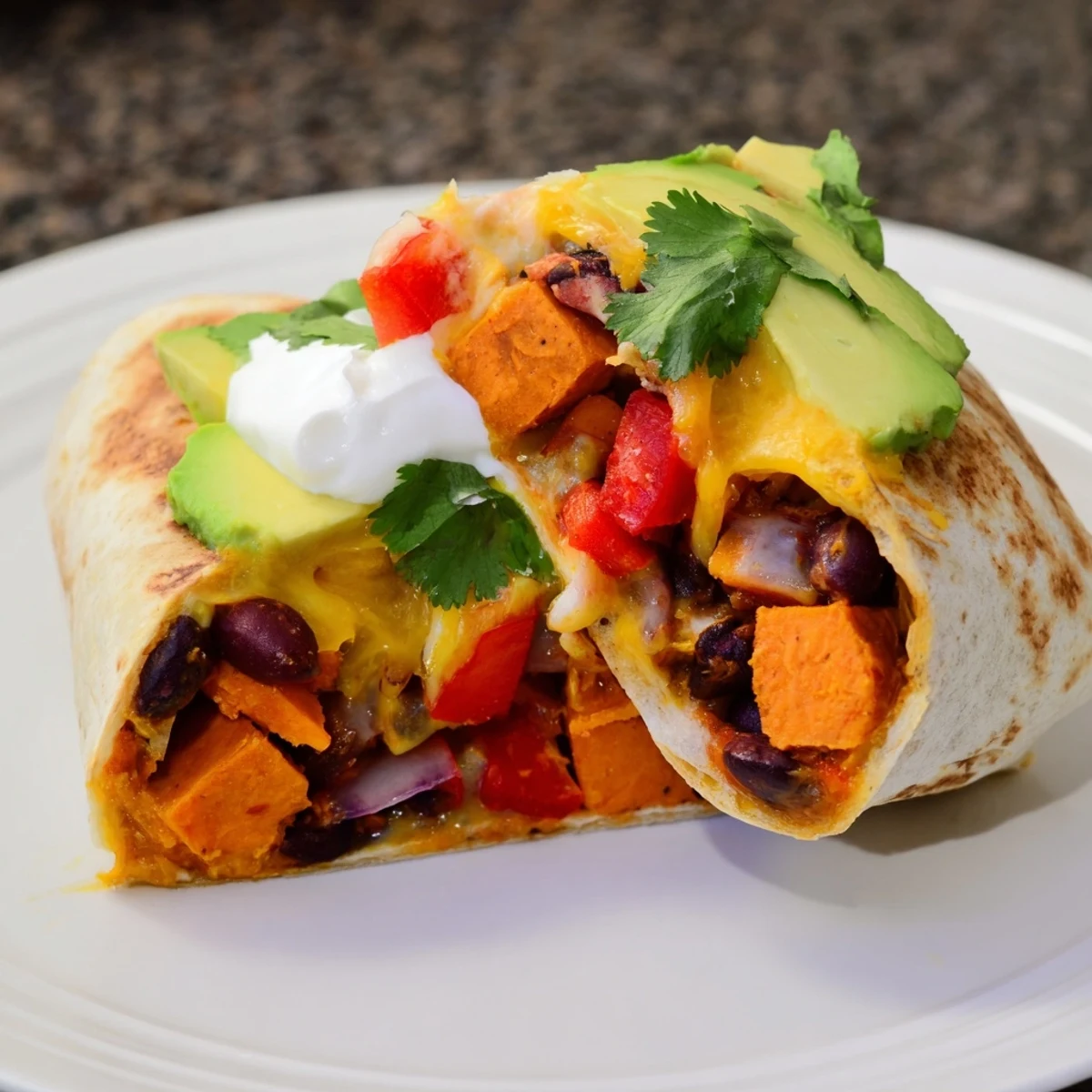 Warm flour tortilla wrapped around roasted sweet potato and black bean filling, served with lime wedges for dipping.