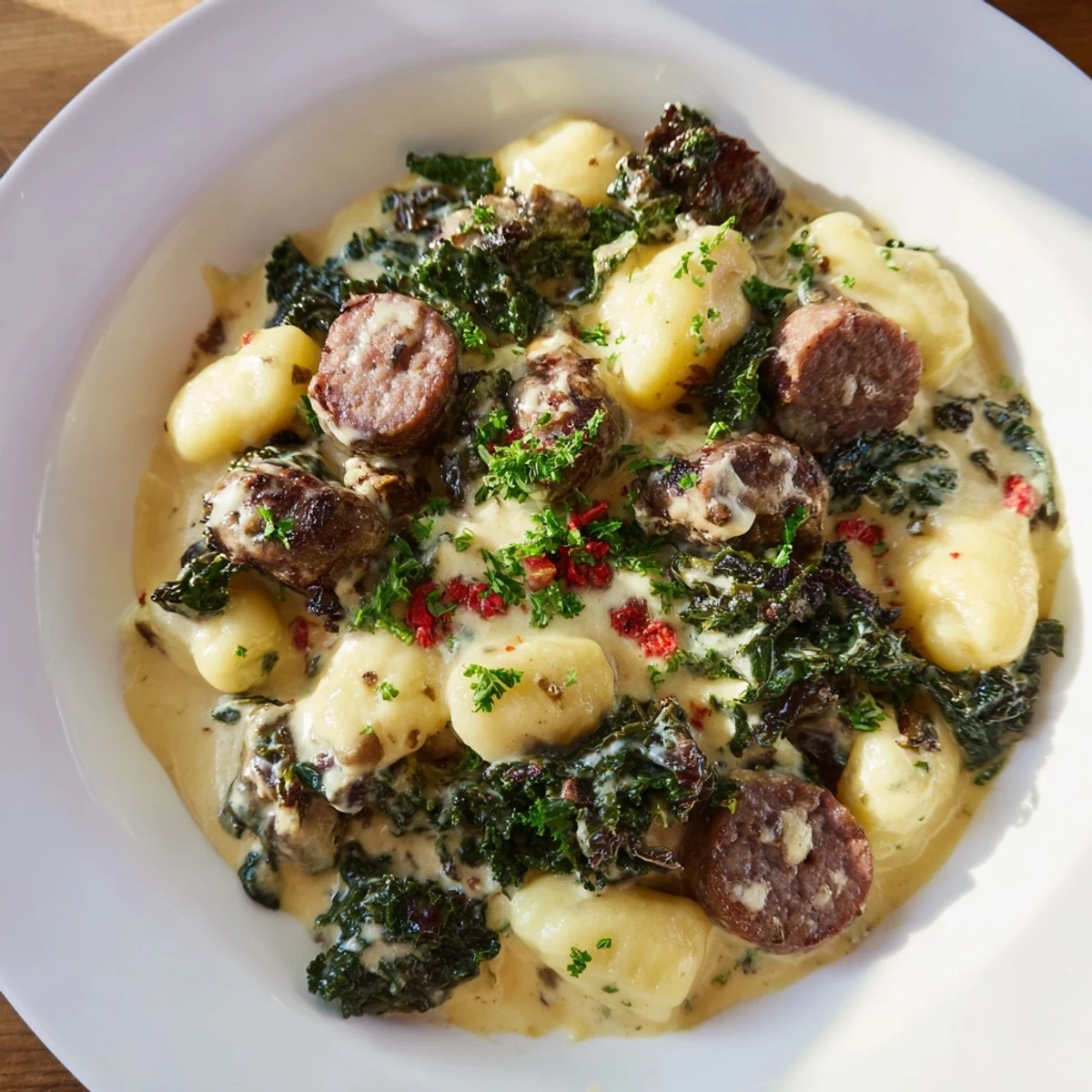 Creamy Gnocchi with Sausage and Kale in a rich garlic sauce, topped with parsley and Parmesan cheese.