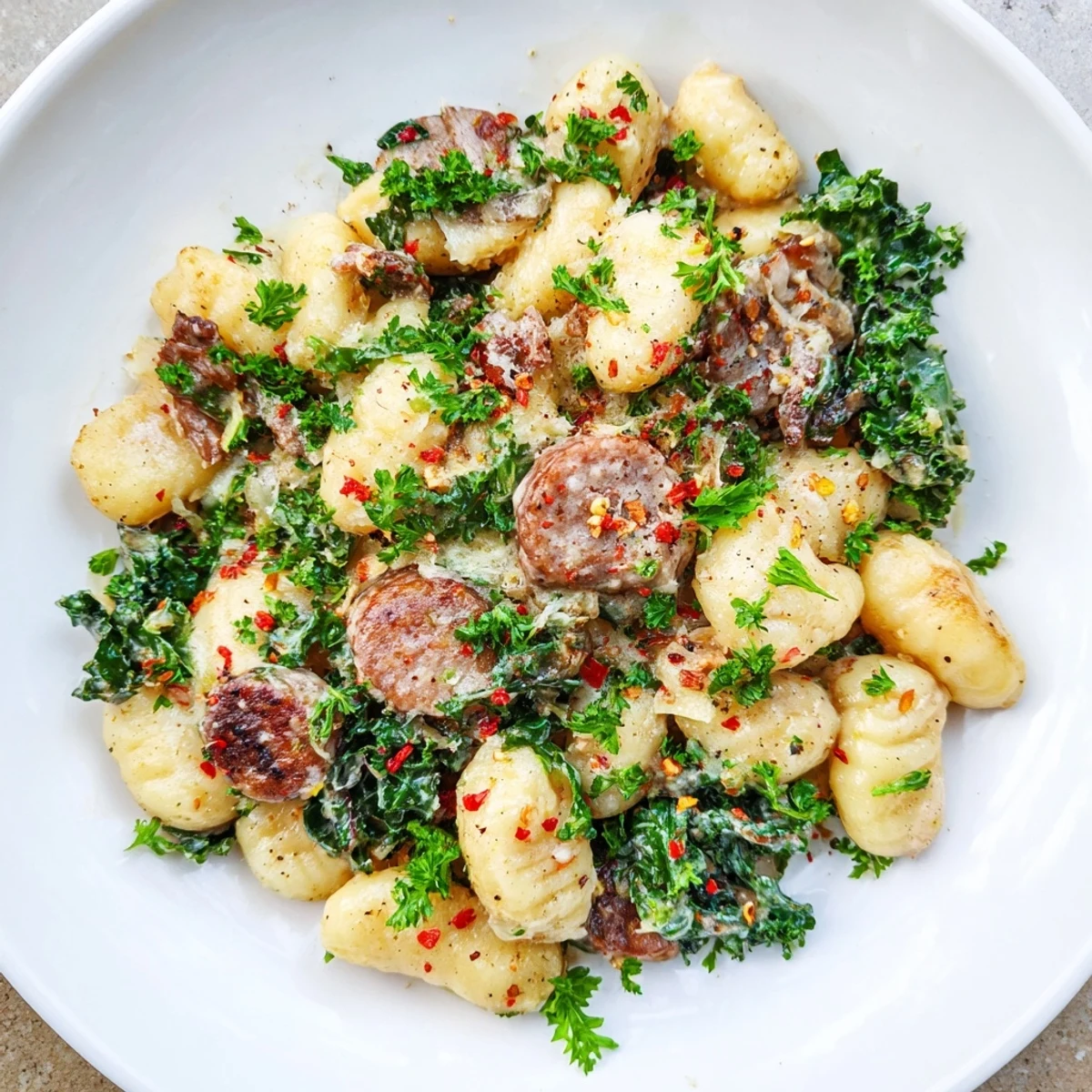 A warm serving of Creamy Gnocchi with Sausage and Kale paired with crusty bread on the side.