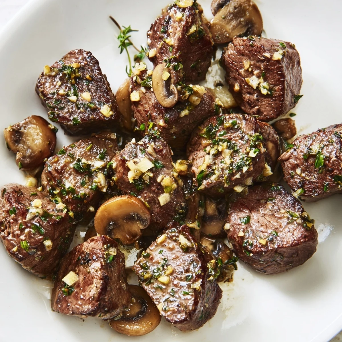 Juicy seared steak bites with garlic butter and sautéed mushrooms, garnished with fresh parsley.