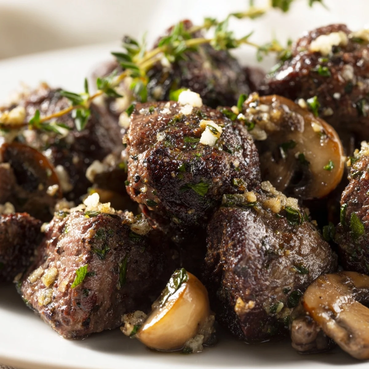 Tender steak bites and golden mushrooms tossed in a rich garlic butter sauce, served hot.