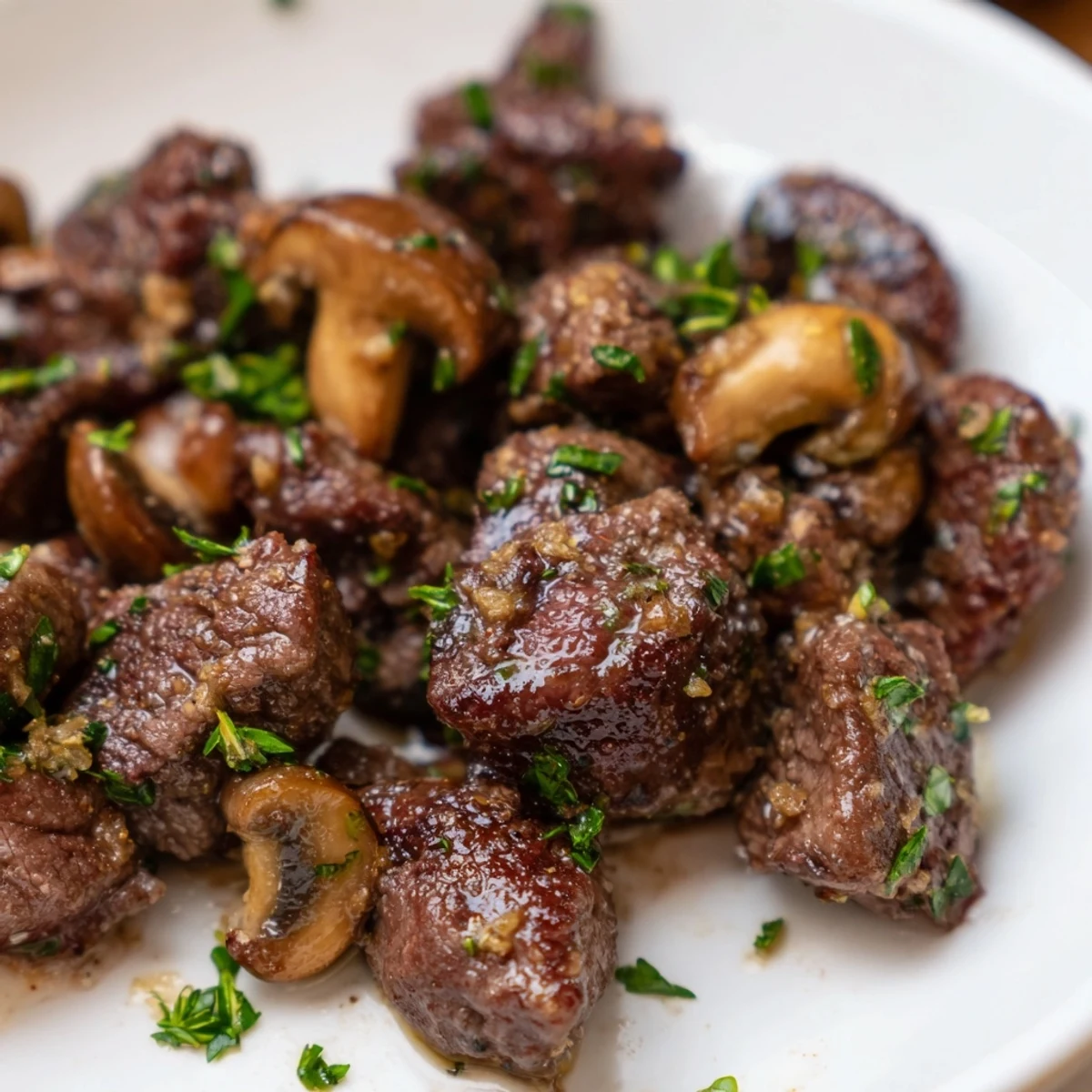 Golden brown steak bites and sautéed mushrooms in a skillet, finished with fresh parsley and lemon.