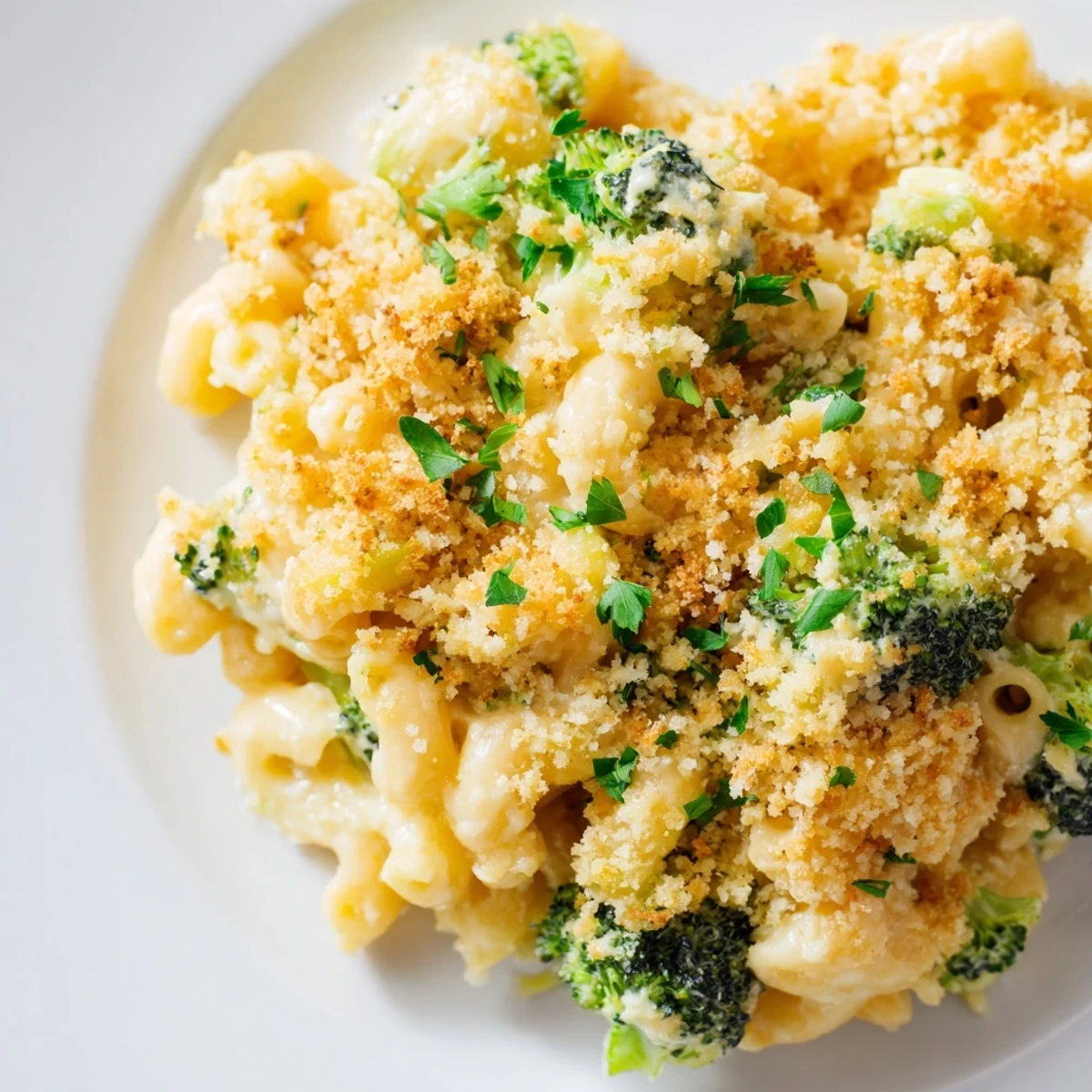Freshly baked Baked Macaroni and Cheese with Broccoli in a dish, featuring a golden, buttery panko crust over creamy cheddar sauce and tender green broccoli florets.