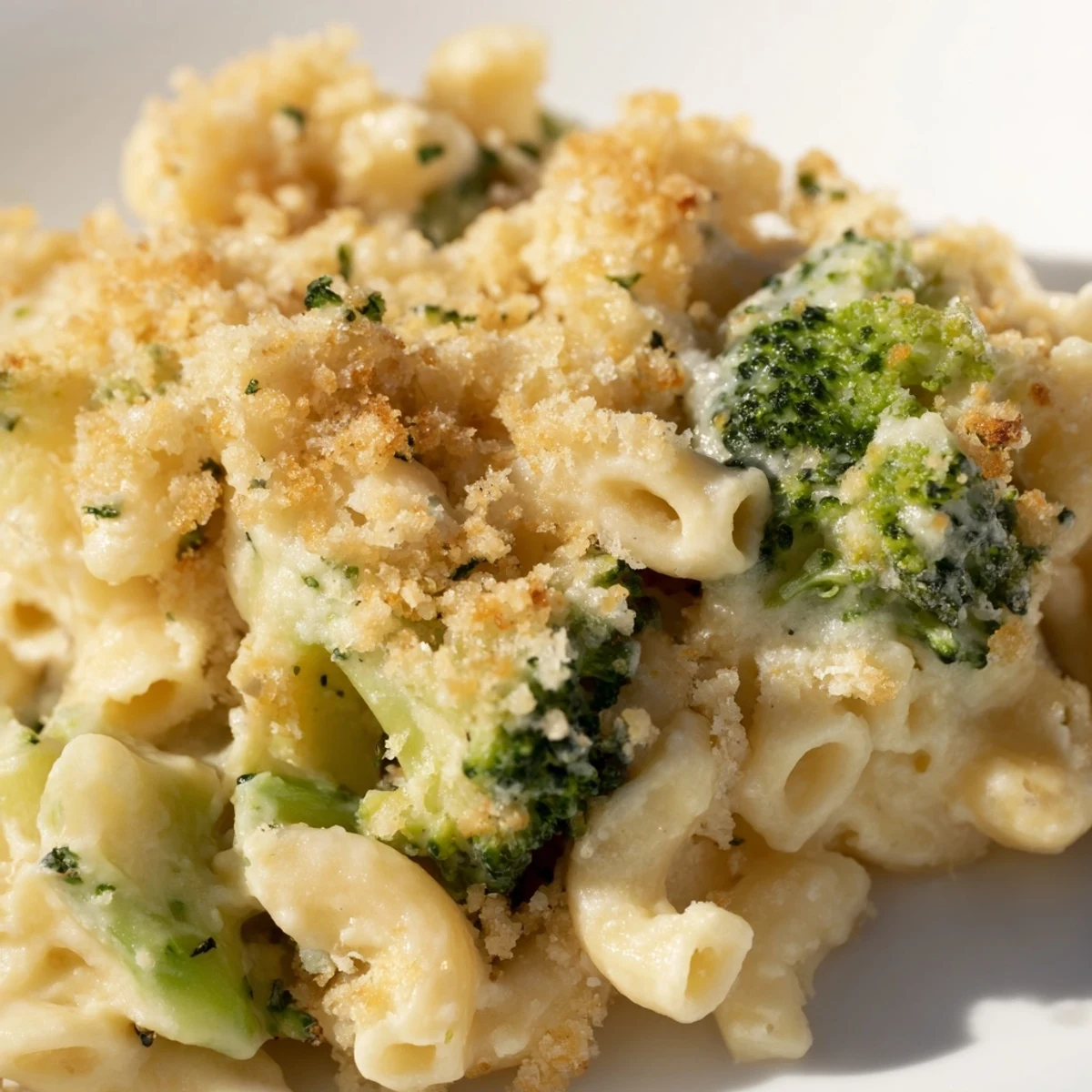 A close-up of Baked Macaroni and Cheese with Broccoli, revealing bubbling cheese sauce, perfectly cooked elbows, and crisp breadcrumb topping, ready to serve for dinner.
