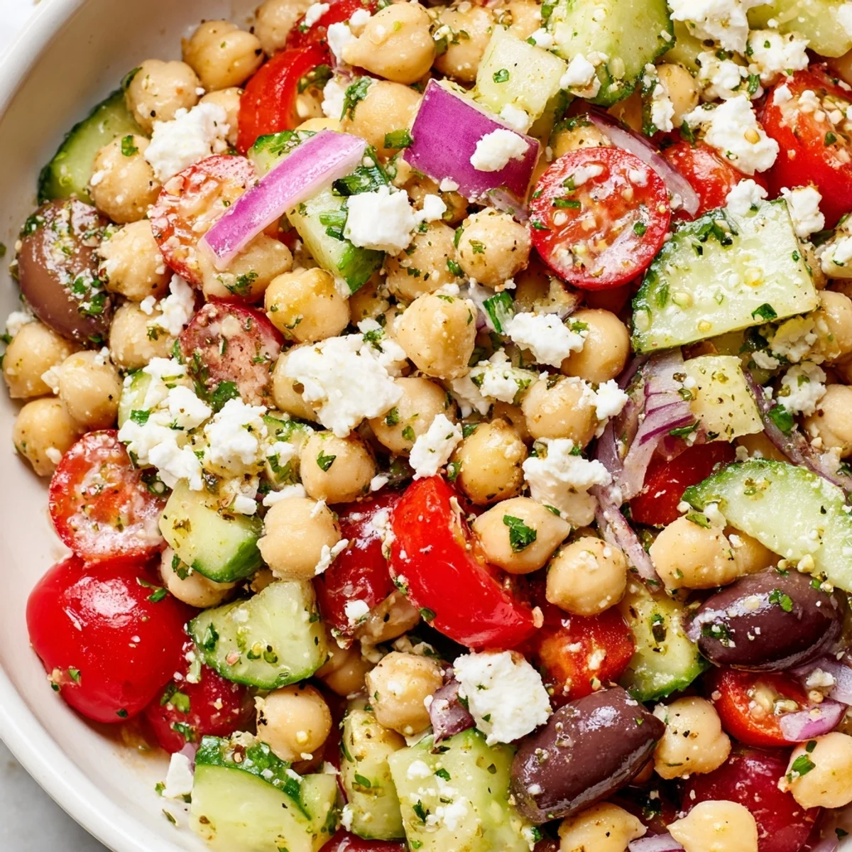 A close-up view of Mediterranean Chickpea Salad with crumbled feta, diced bell pepper, and fresh parsley. The vibrant, colorful vegetables and chickpeas are tossed in a zesty lemon-oregano dressing, ready for serving.