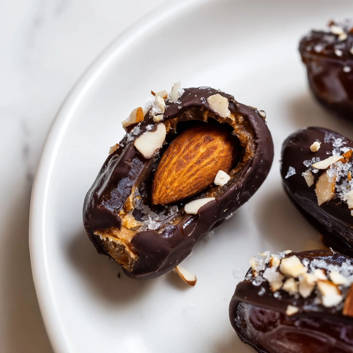 Medjool dates stuffed with almond butter and rich dark chocolate, sprinkled with roasted almonds and flaky sea salt.