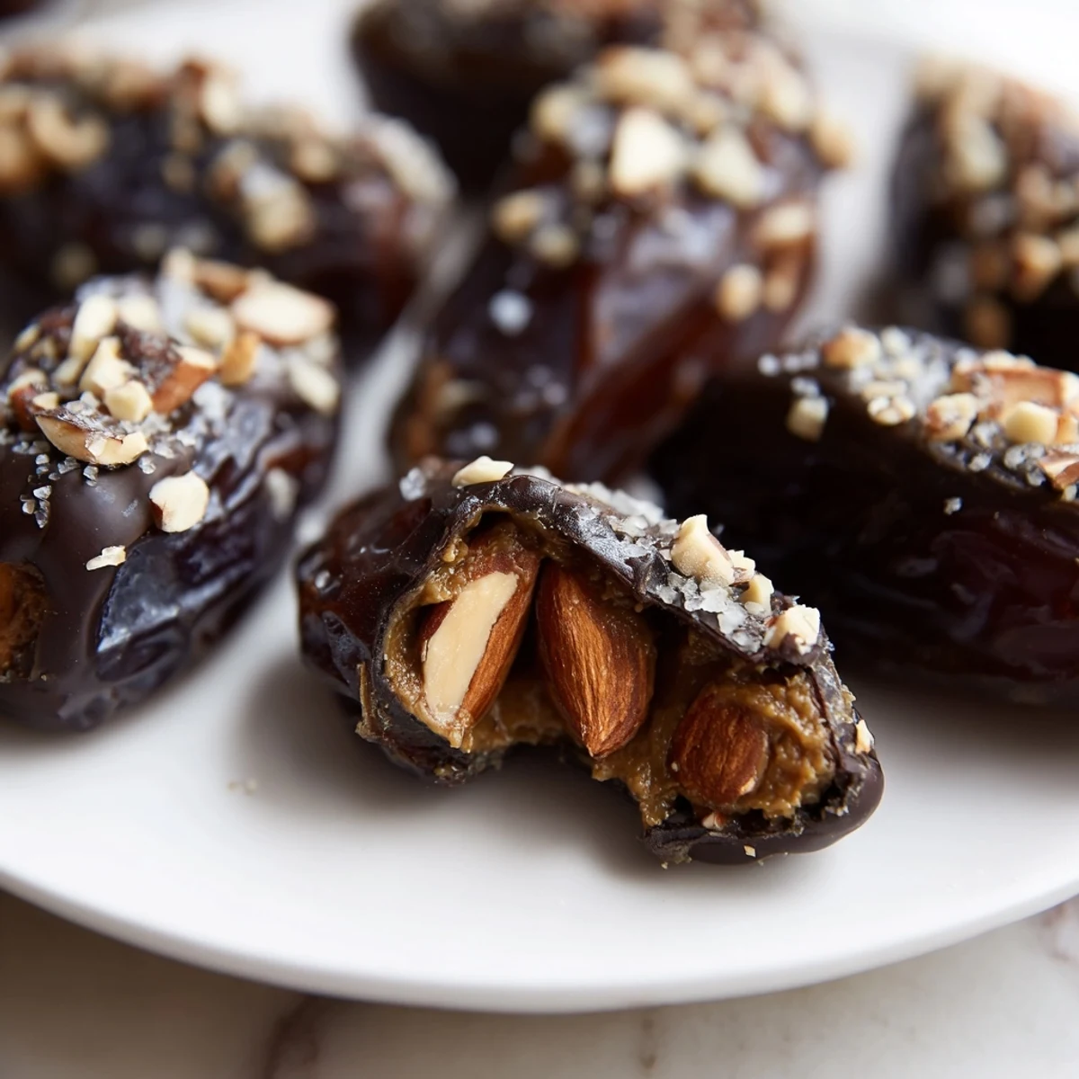 Twelve gluten-free vegan Chocolate Covered Dates Stuffed with Almond Butter displayed on a parchment-lined baking sheet.