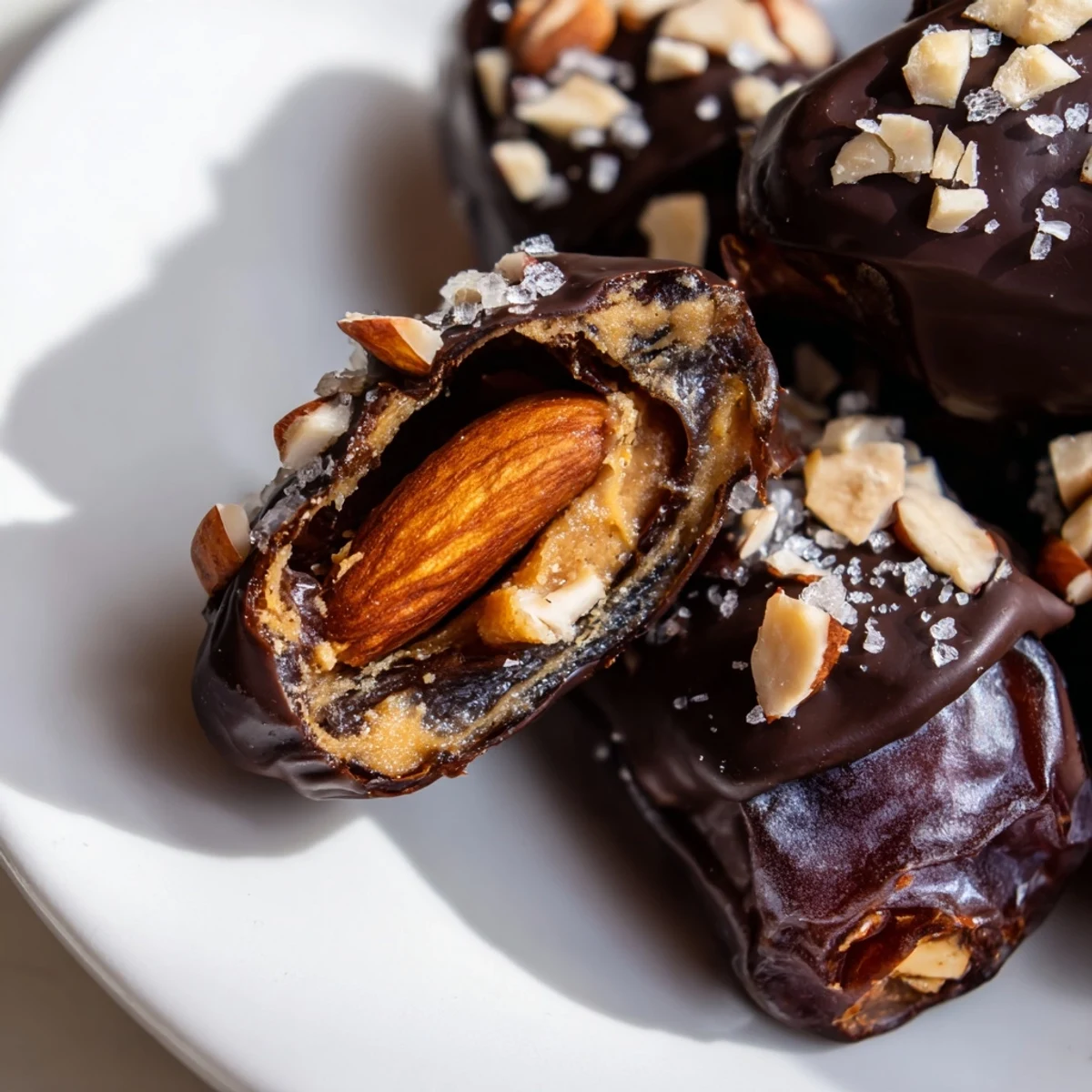 A close look at Chocolate Covered Dates Stuffed with Almond Butter, showing creamy almond butter inside chewy dates.