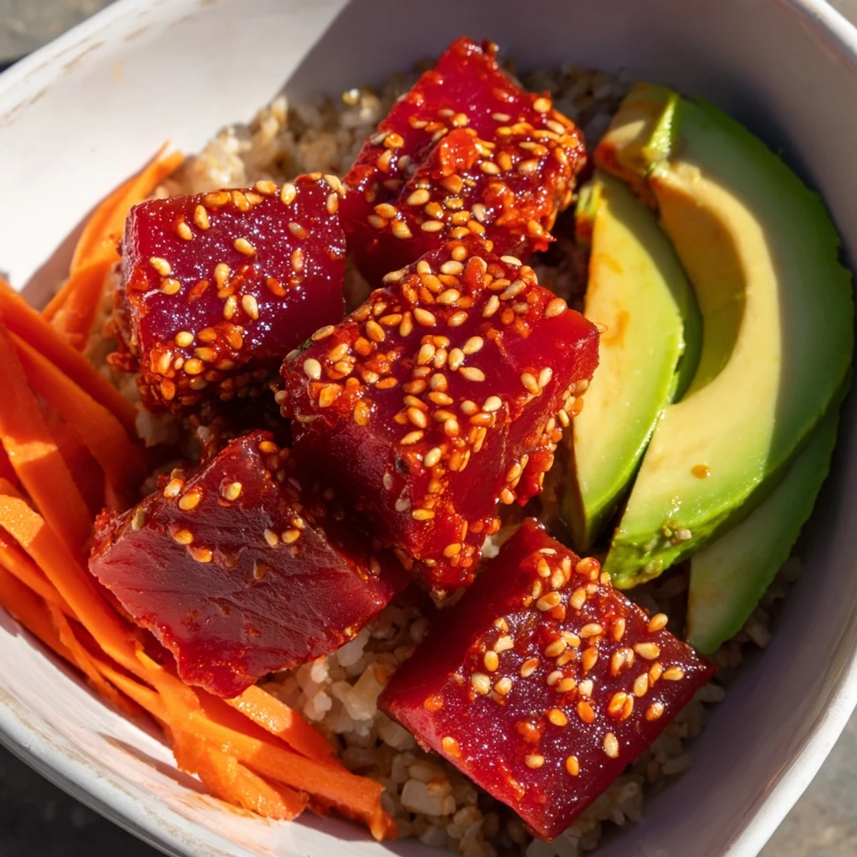 Fresh diced tuna in spicy marinade sits atop a bowl of sushi rice with avocado slices and crisp veggies, ready to eat.