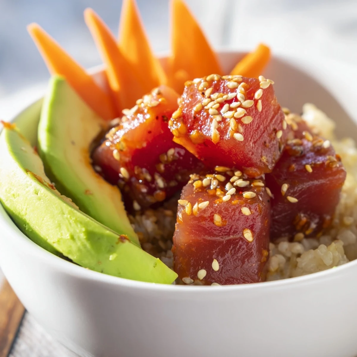 Colorful spicy tuna poke bowl with creamy avocado, crunchy cucumber, edamame, and nori strips over fluffy rice, drizzled with spicy mayo.