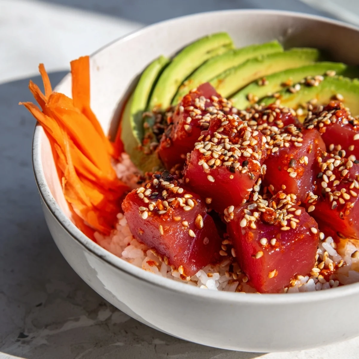Vivid overhead view of a spicy tuna poke bowl featuring marinated tuna, avocado, julienned carrots, sesame seeds, and pickled ginger.