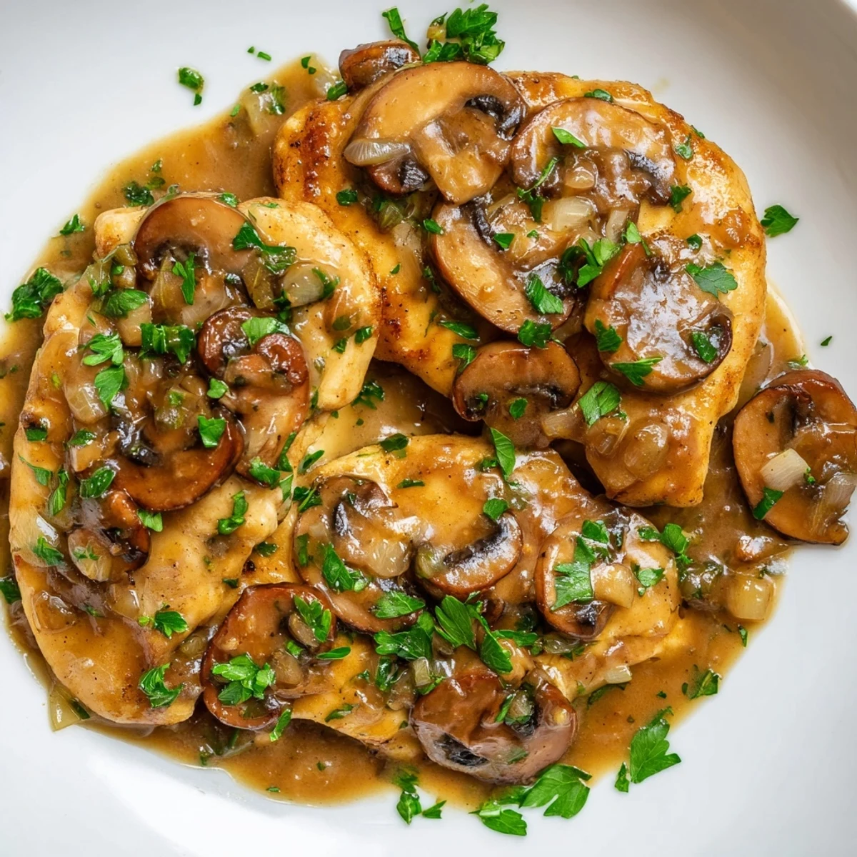 Golden-brown, tender Chicken Marsala with mushrooms smothered in a rich, glossy sauce on a white plate.