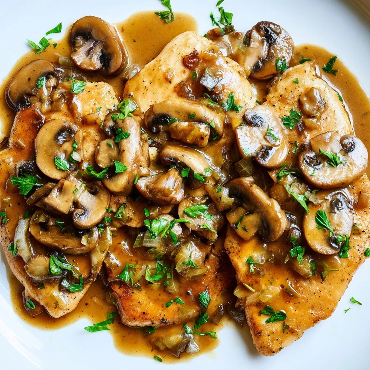 Sliced cremini mushrooms and fresh parsley garnish this hearty, classic Chicken Marsala main dish.