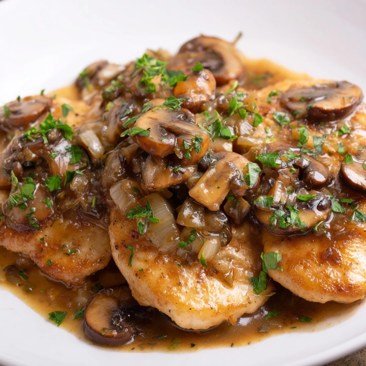 Close-up of Chicken Marsala, showcasing juicy chicken and earthy mushrooms in a savory, dark sauce.