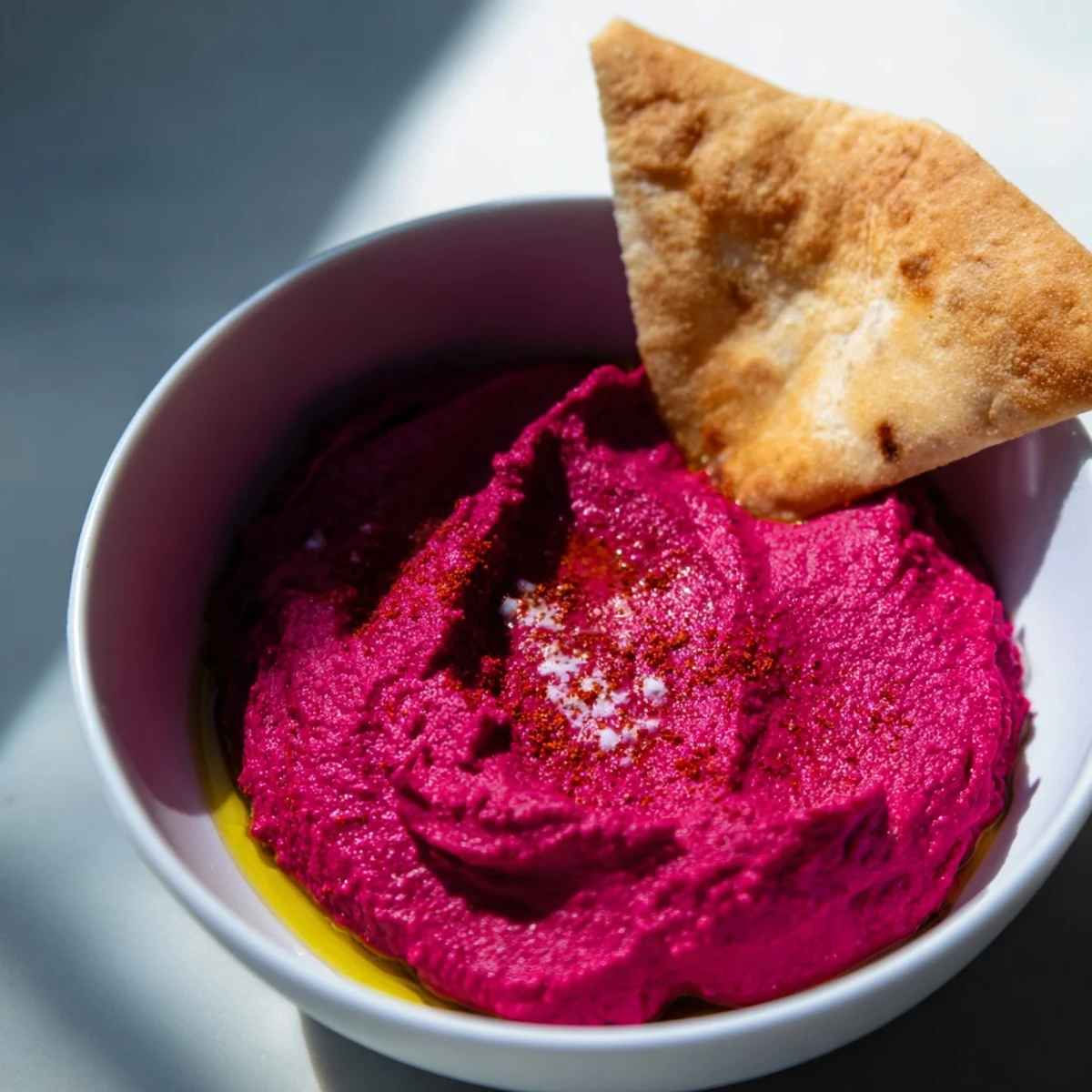 Vibrant, fiber-rich roasted beet hummus in a rustic bowl, garnished with paprika pita triangles and fresh herbs for a Mediterranean appetizer spread.