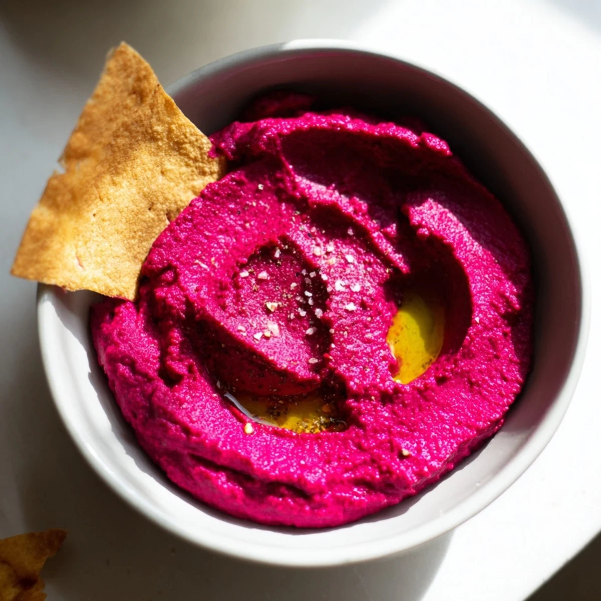 Freshly blended roasted beet hummus with a drizzle of olive oil, paired with crispy pita chips and lemon wedges for a healthy snack.