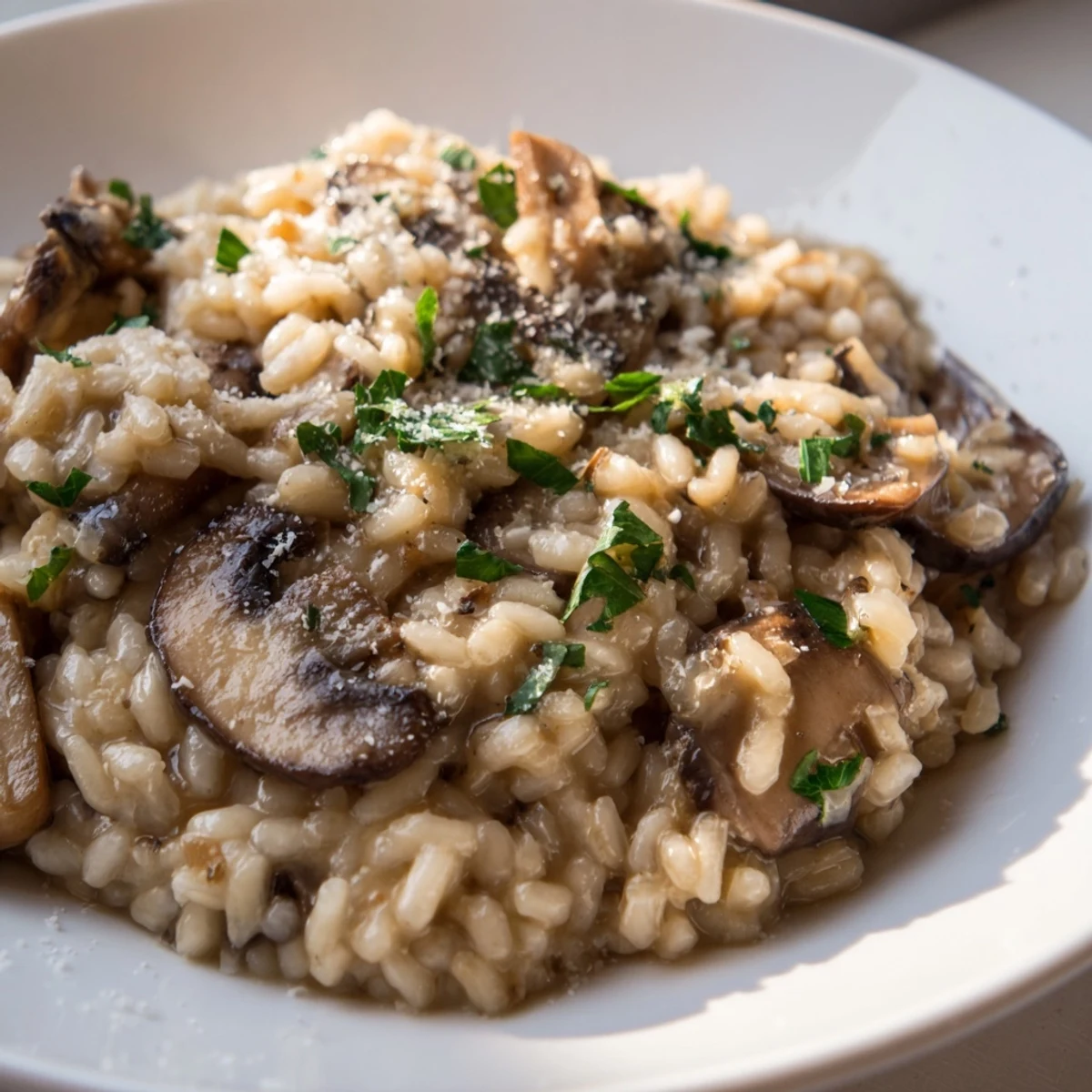 Close-up of creamy Mushroom Risotto with Truffle Oil Drizzle, garnished with fresh parsley and grated Parmesan. 
