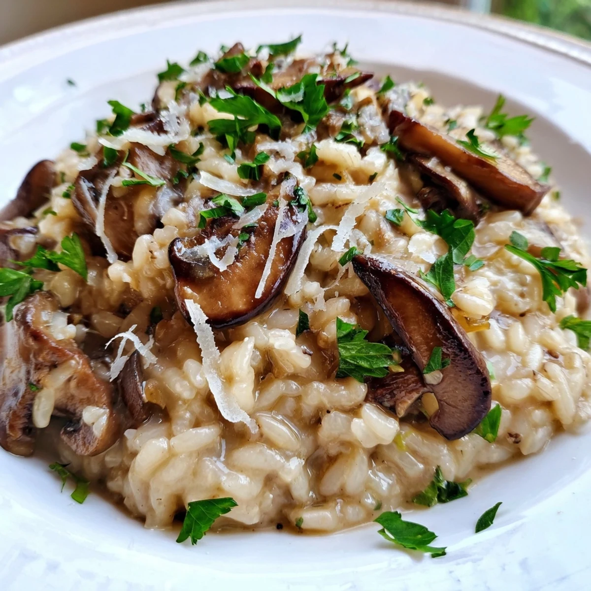Steaming bowl of rich Mushroom Risotto with Truffle Oil Drizzle served alongside a glass of white wine. 