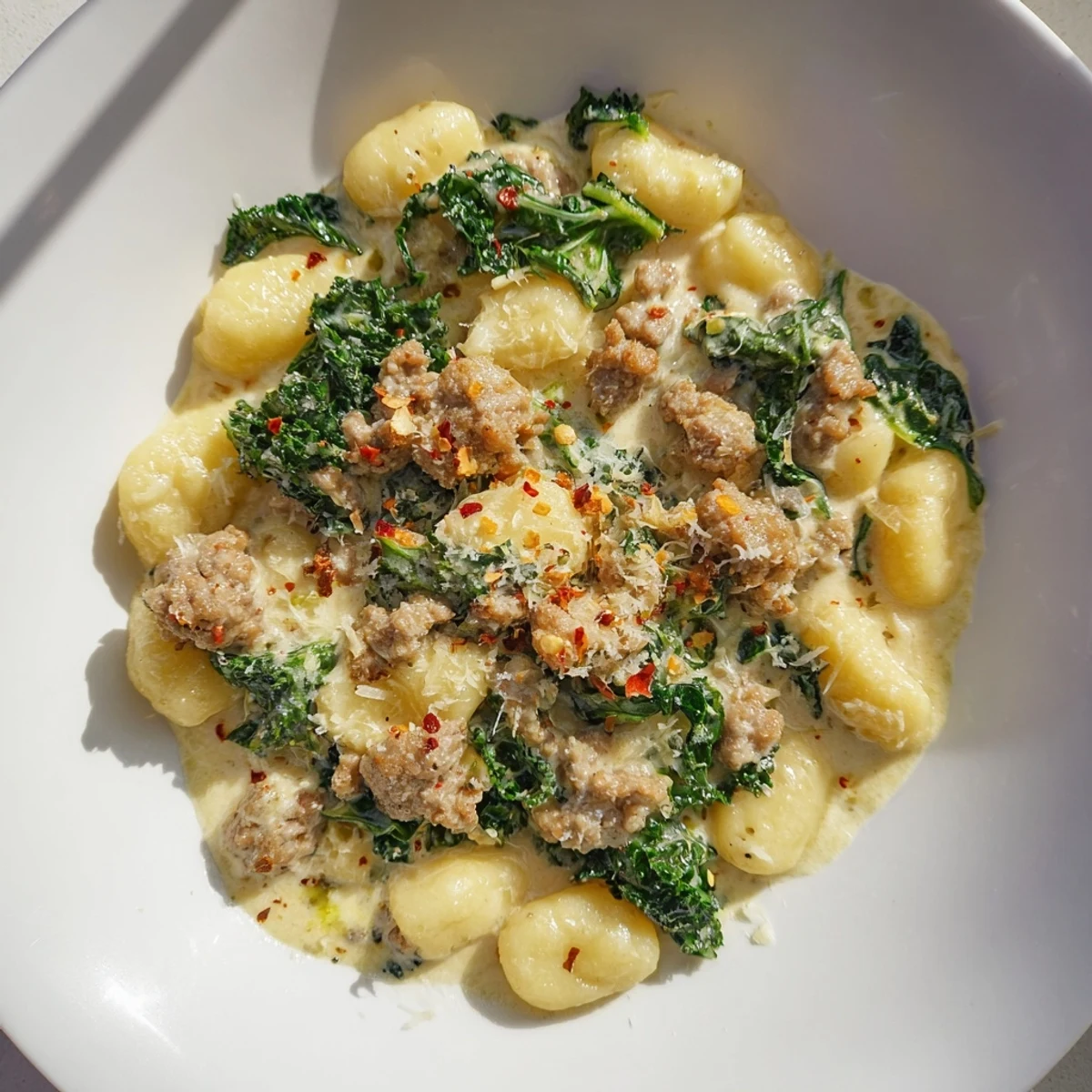 Italian-inspired Creamy Gnocchi with Turkey Sausage and Kale garnished with red pepper flakes and ready to serve with crusty bread