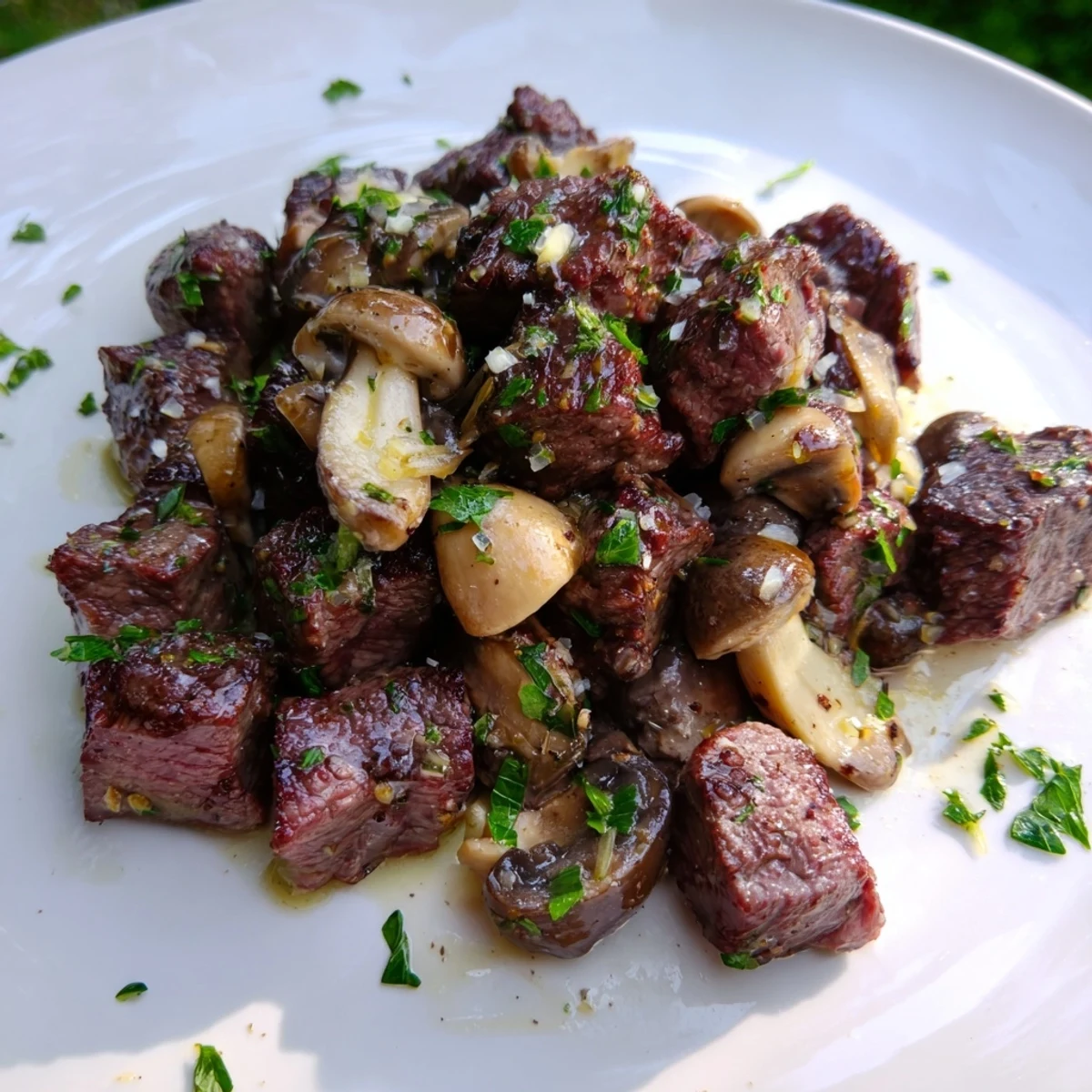 Golden-brown Garlic Butter Steak Bites with Sautéed Mushrooms served hot in a skillet with fresh parsley garnish.