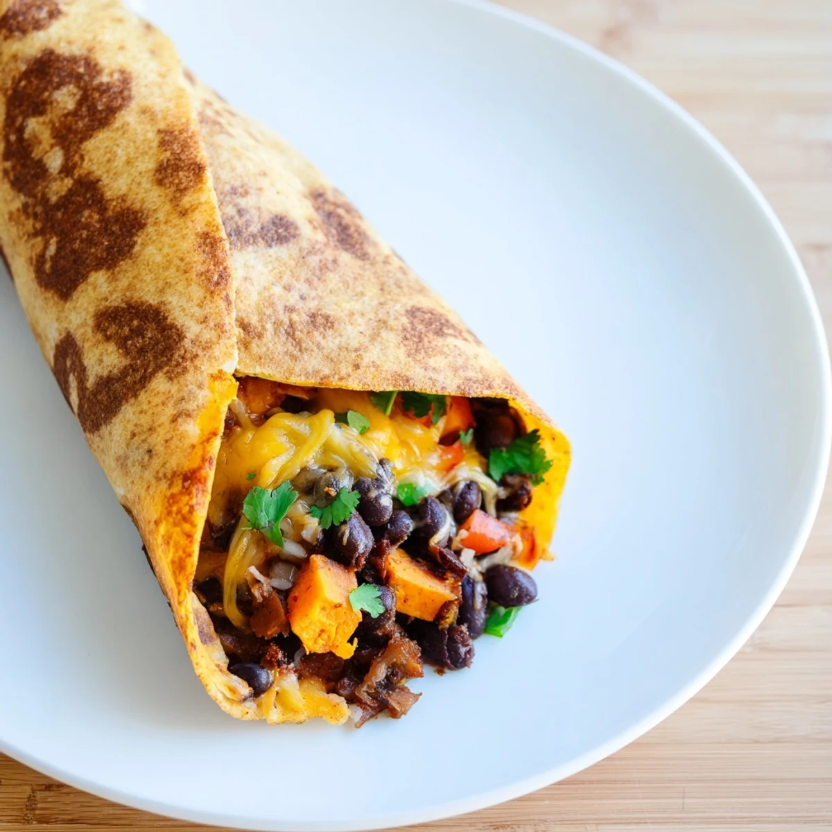 Golden-brown Roasted Sweet Potato and Black Bean Burritos with melted cheese, fresh cilantro, and lime wedges on a rustic plate.