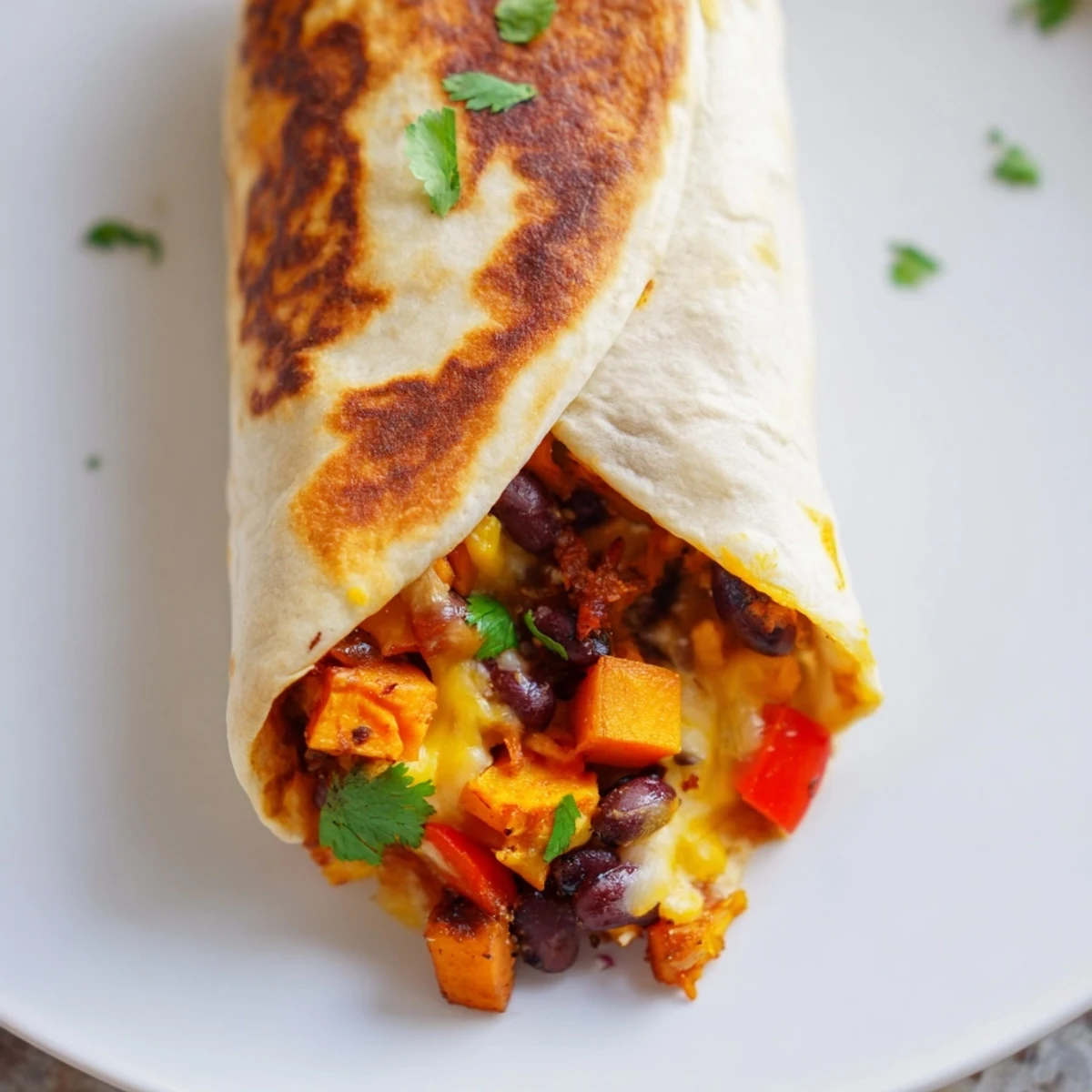 Roasted Sweet Potato and Black Bean Burritos served hot with a side of salsa and avocado slices.