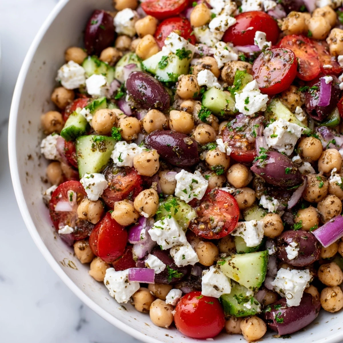 Fresh Mediterranean Chickpea Salad with Feta and Olives piled high in a white bowl, showcasing red tomatoes and green cucumbers.