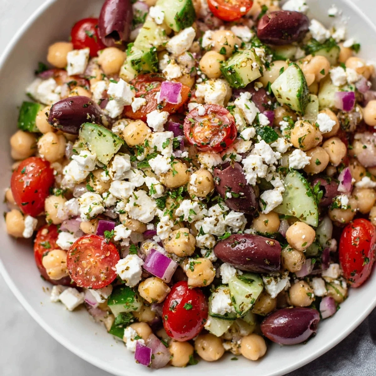 A plated Mediterranean Chickpea Salad with Feta and Olives featuring briny Kalamata olives and crumbled feta on a marble counter.