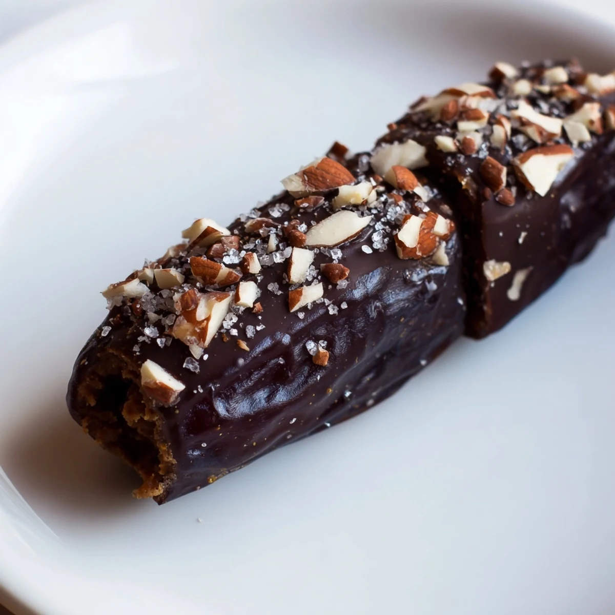Twelve glossy Medjool dates, split and generously filled with creamy almond butter, dipped in dark chocolate and sprinkled with chopped nuts and sea salt.