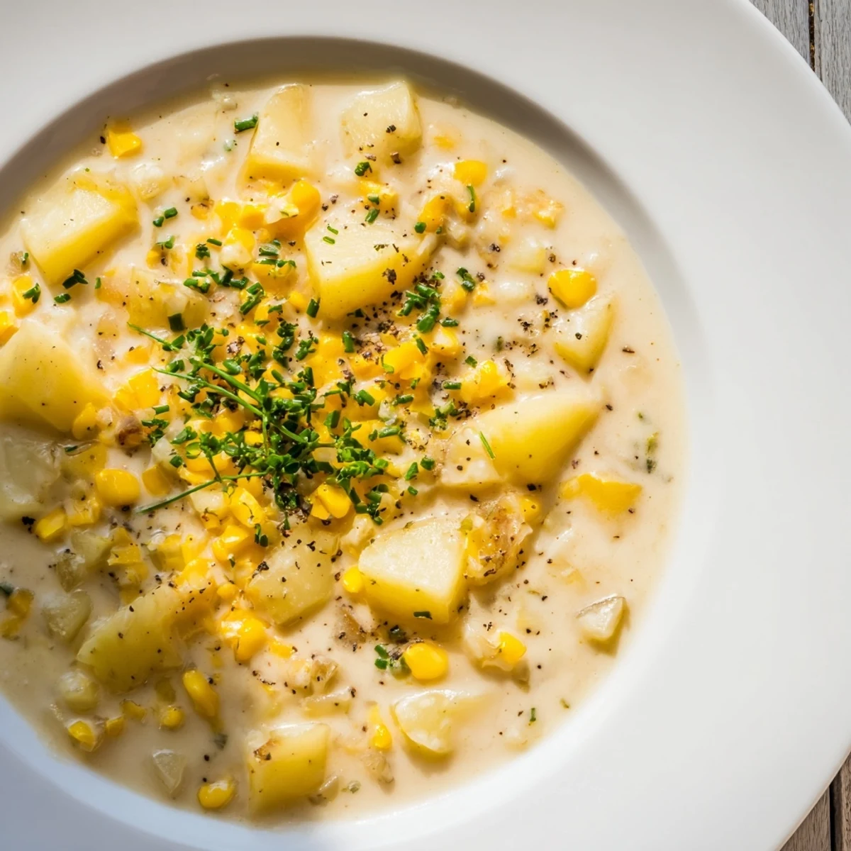 Steaming pot of Creamy Corn and Potato Chowder with Fresh Herbs, featuring golden corn and tender potatoes.