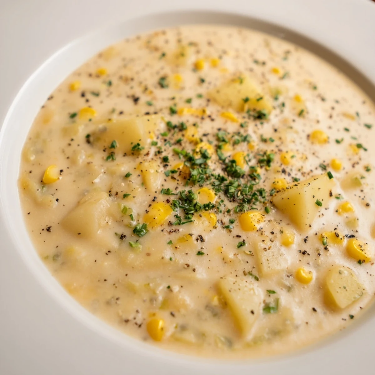 Creamy Corn and Potato Chowder with Fresh Herbs ladled into a white bowl, topped with chives and black pepper.