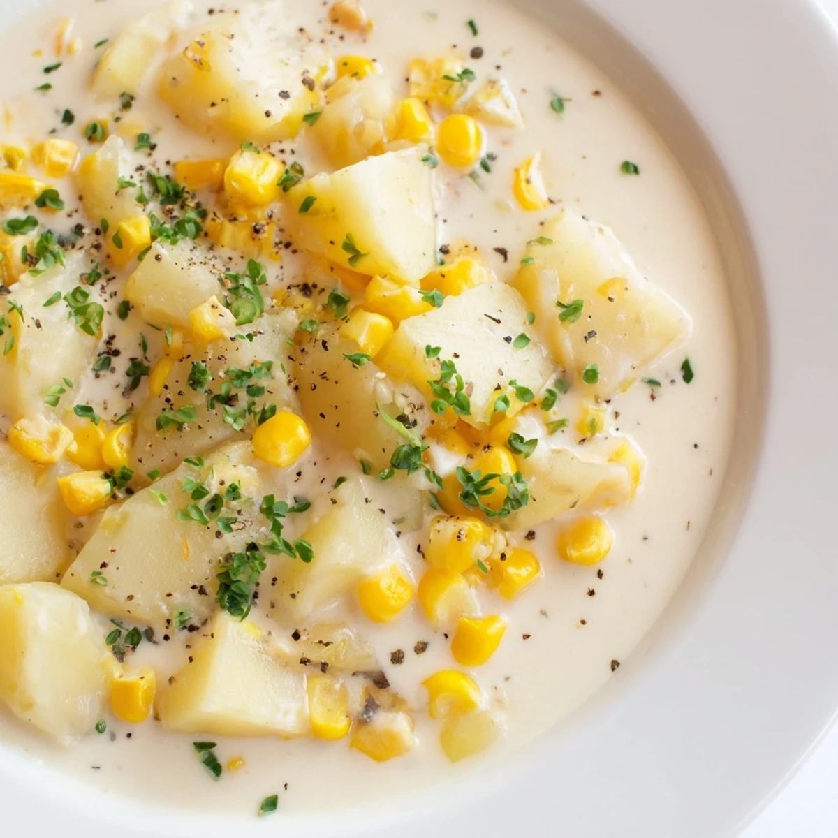 Spoon lifting a serving of Creamy Corn and Potato Chowder with Fresh Herbs, garnished with parsley.