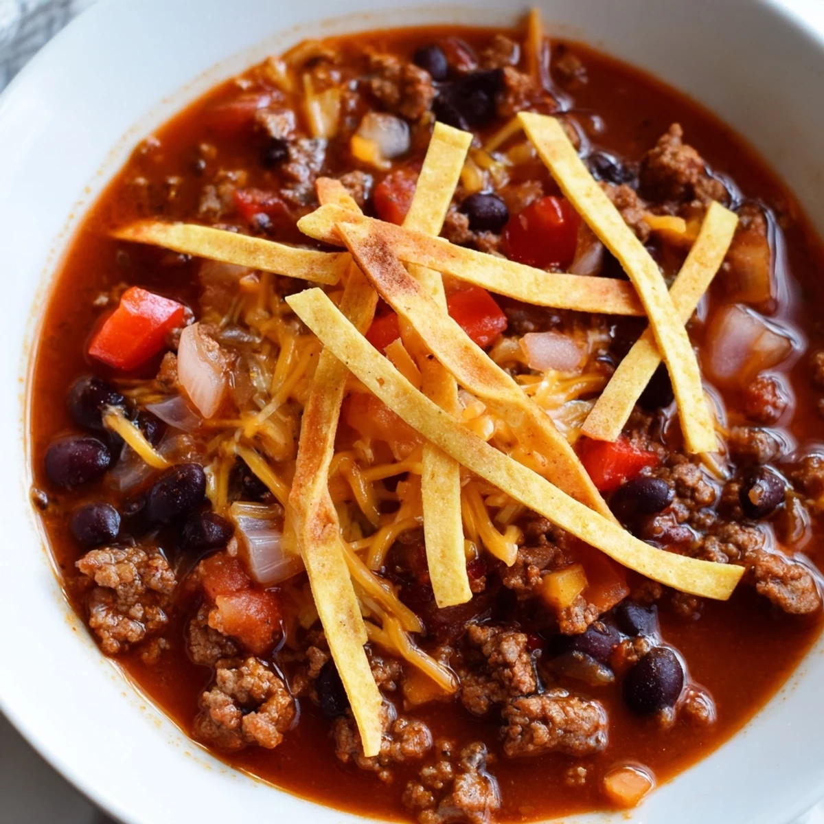 Bowl of hearty Beef Enchilada Soup topped with crispy golden tortilla strips, fresh cilantro, cheese, and avocado.
