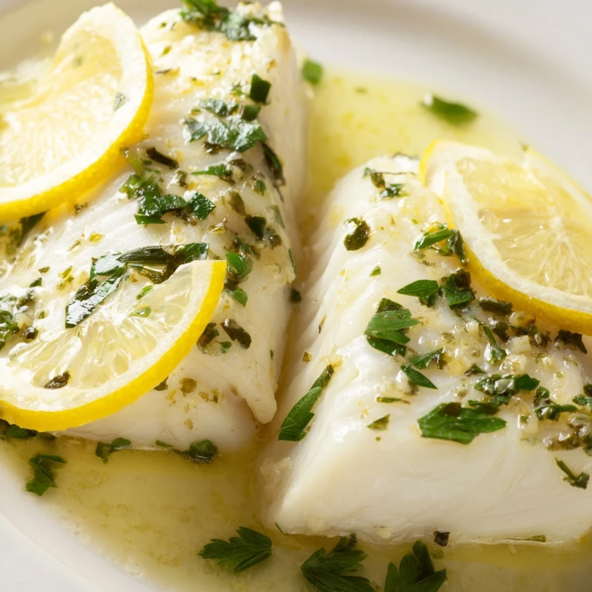 Freshly baked halibut fillets topped with a bright lemon butter sauce and chopped parsley on a white plate.