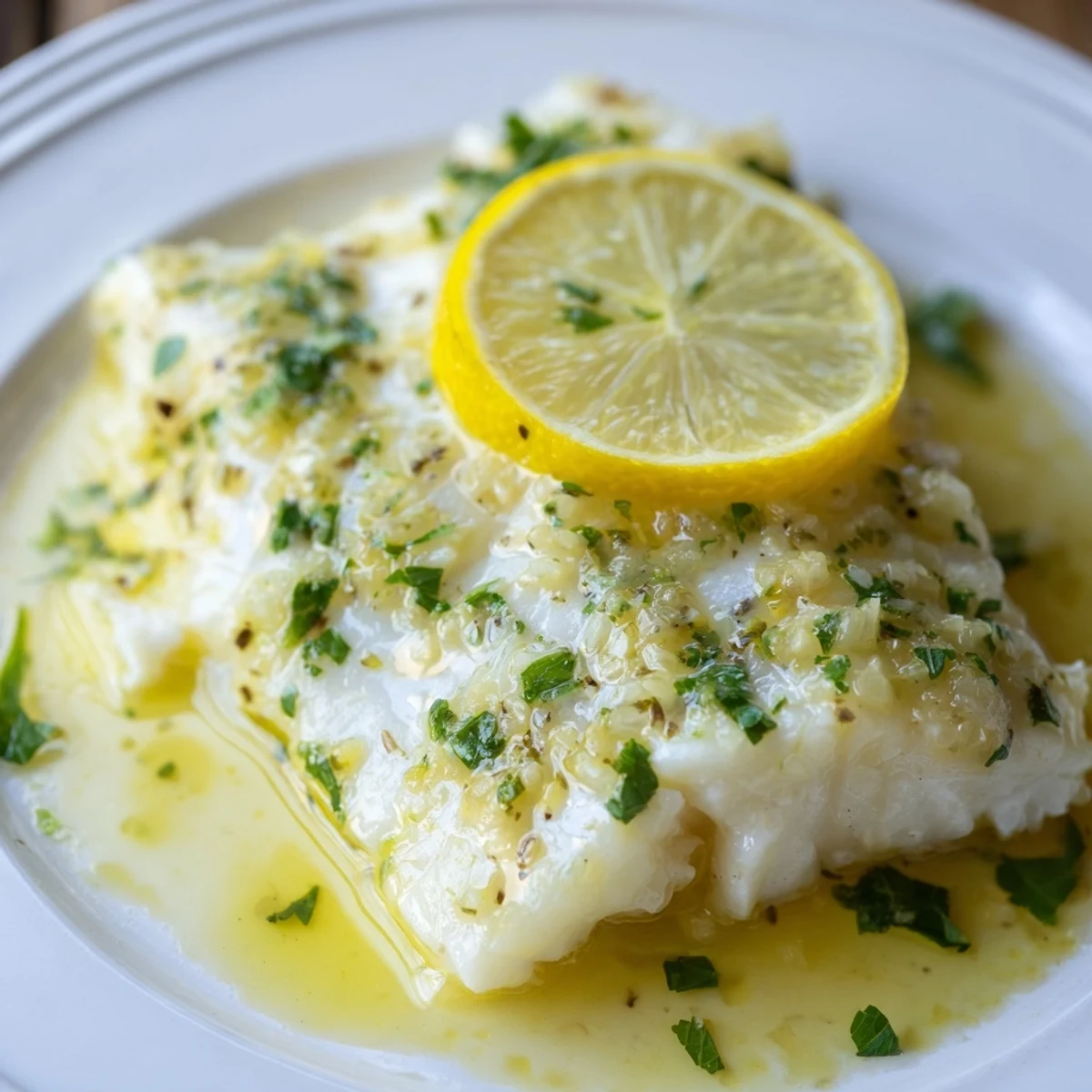 Golden Baked Halibut with Lemon Butter Sauce flaking easily with a fork, ready to be enjoyed immediately.