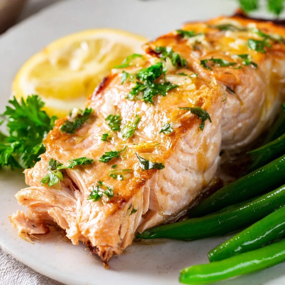 Golden-brown Sheet Pan Salmon and Green Beans roasted with lemon, garlic, and herbs on a baking sheet.
