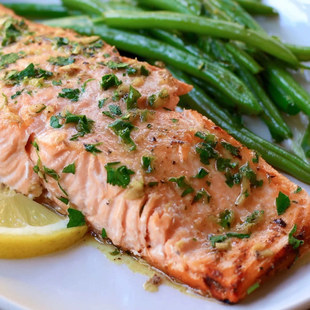 Healthy Sheet Pan Salmon and Green Beans served hot, perfect for a quick gluten-free weeknight dinner.