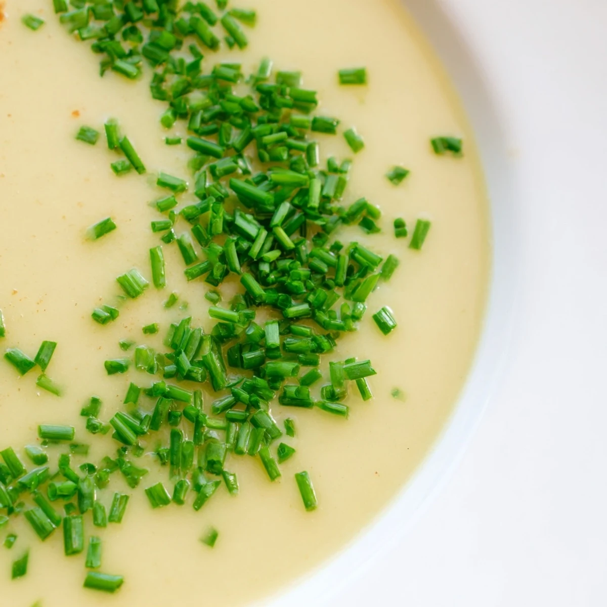 Creamy Potato Leek Soup with Chives garnished with fresh chives, served steaming hot in a rustic white bowl for a cozy meal.