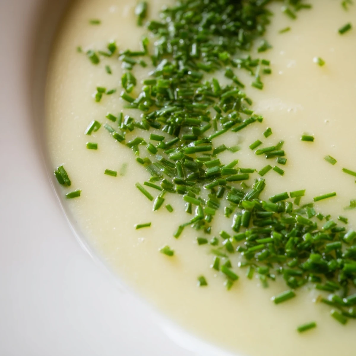 A velvety ladleful of Creamy Potato Leek Soup with Chives poured beside crusty bread, a perfect vegetarian and gluten-free dinner.