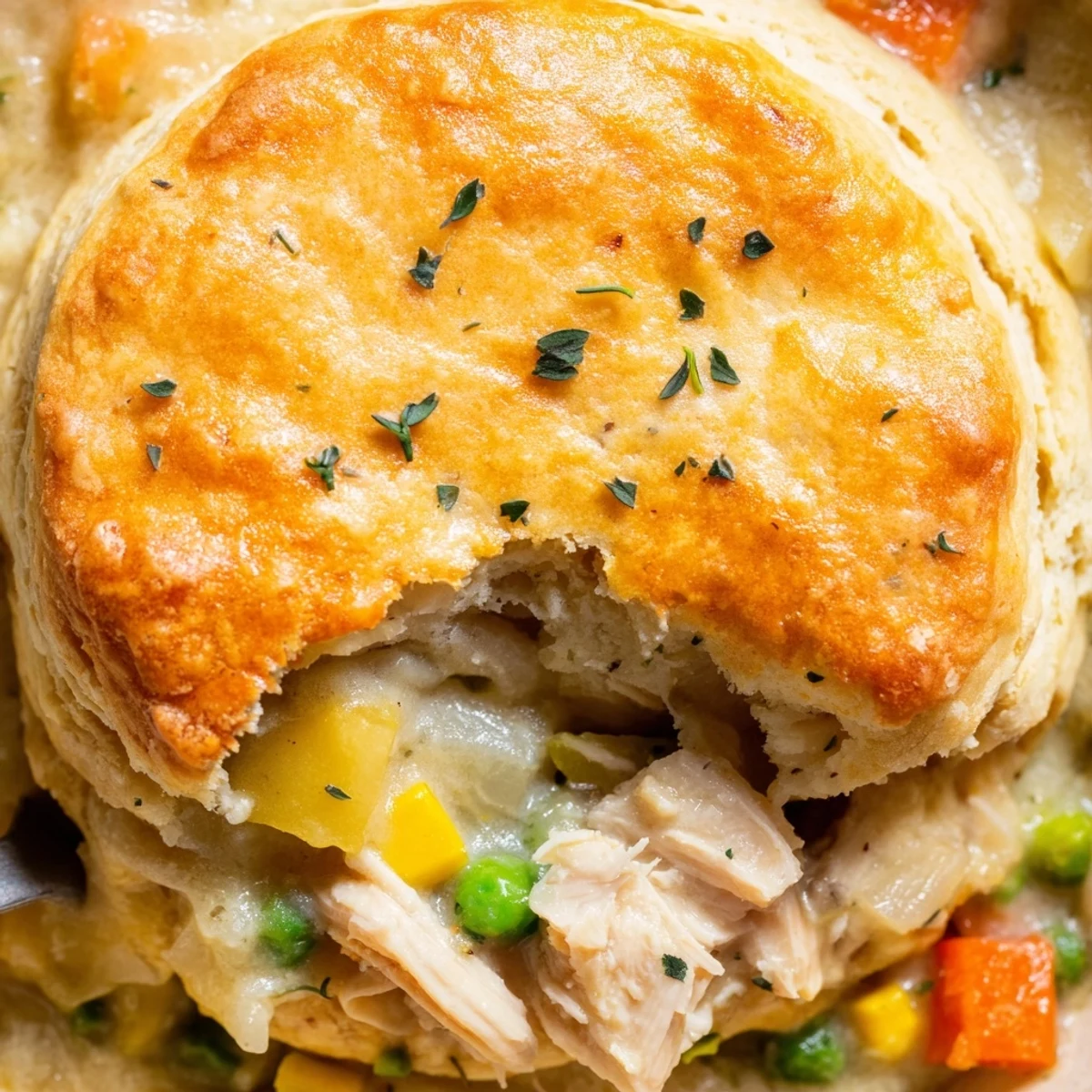 Steaming hot Chicken Pot Pie with Biscuit Topping showcases golden-brown biscuits, creamy chicken, peas, and carrots in a rustic dish.
