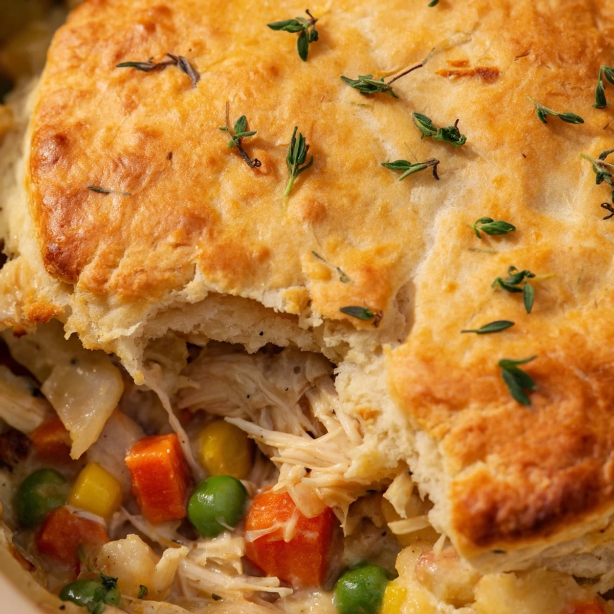 Freshly baked Chicken Pot Pie with Biscuit Topping reveals flaky biscuits atop a rich, savory filling perfect for weeknight comfort.