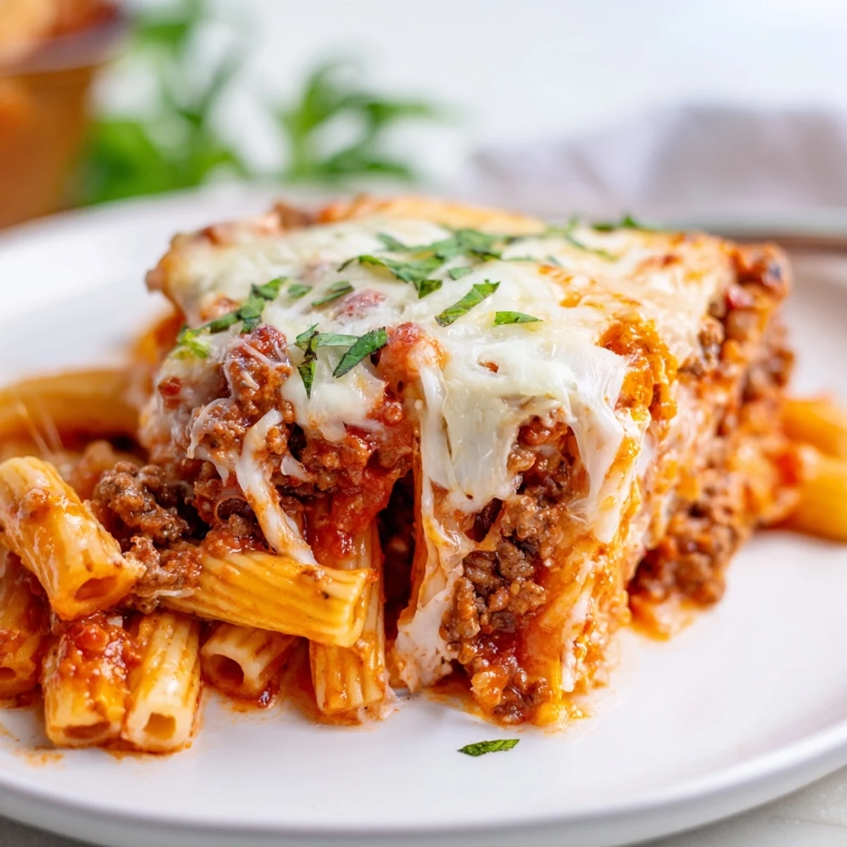 A close-up of Baked Ziti with Ground Beef and Mozzarella reveals layers of pasta, rich meat sauce, and creamy ricotta.