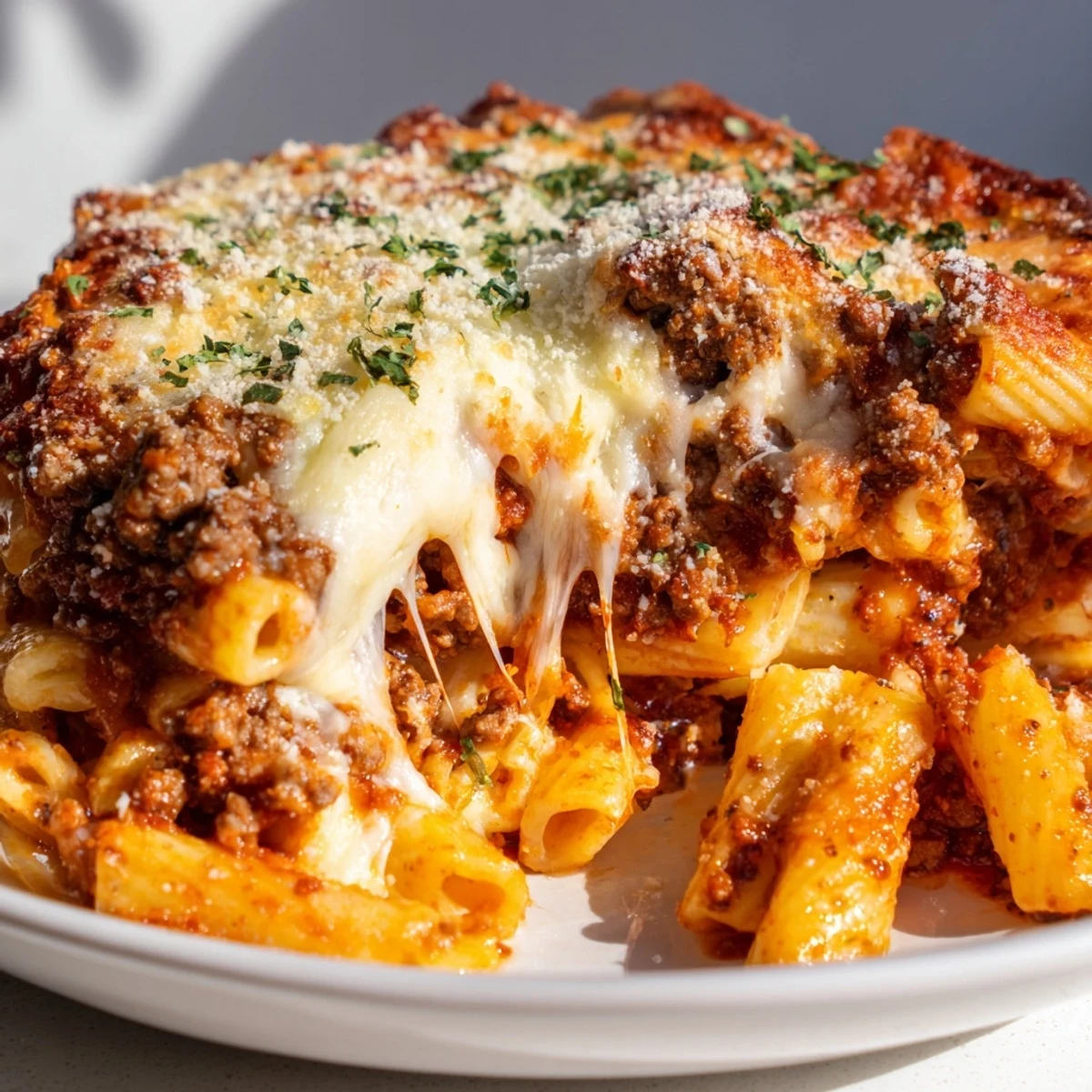 Golden, bubbly mozzarella tops a hearty Baked Ziti with Ground Beef and Mozzarella, served as a family-style Italian-American casserole.