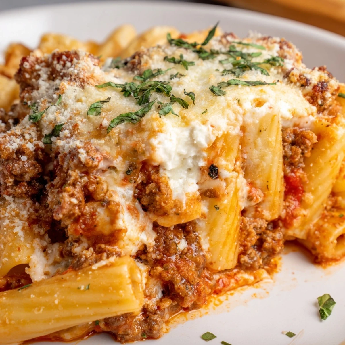 Freshly baked Baked Ziti with Ground Beef and Mozzarella rests in a dish, ready to be served with garlic bread.