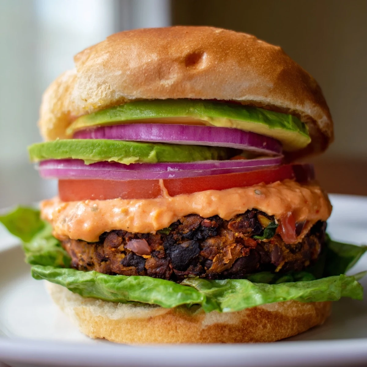 Golden-brown Vegan Black Bean Burger with Chipotle Mayo, served on a toasted bun with fresh lettuce and tomato.