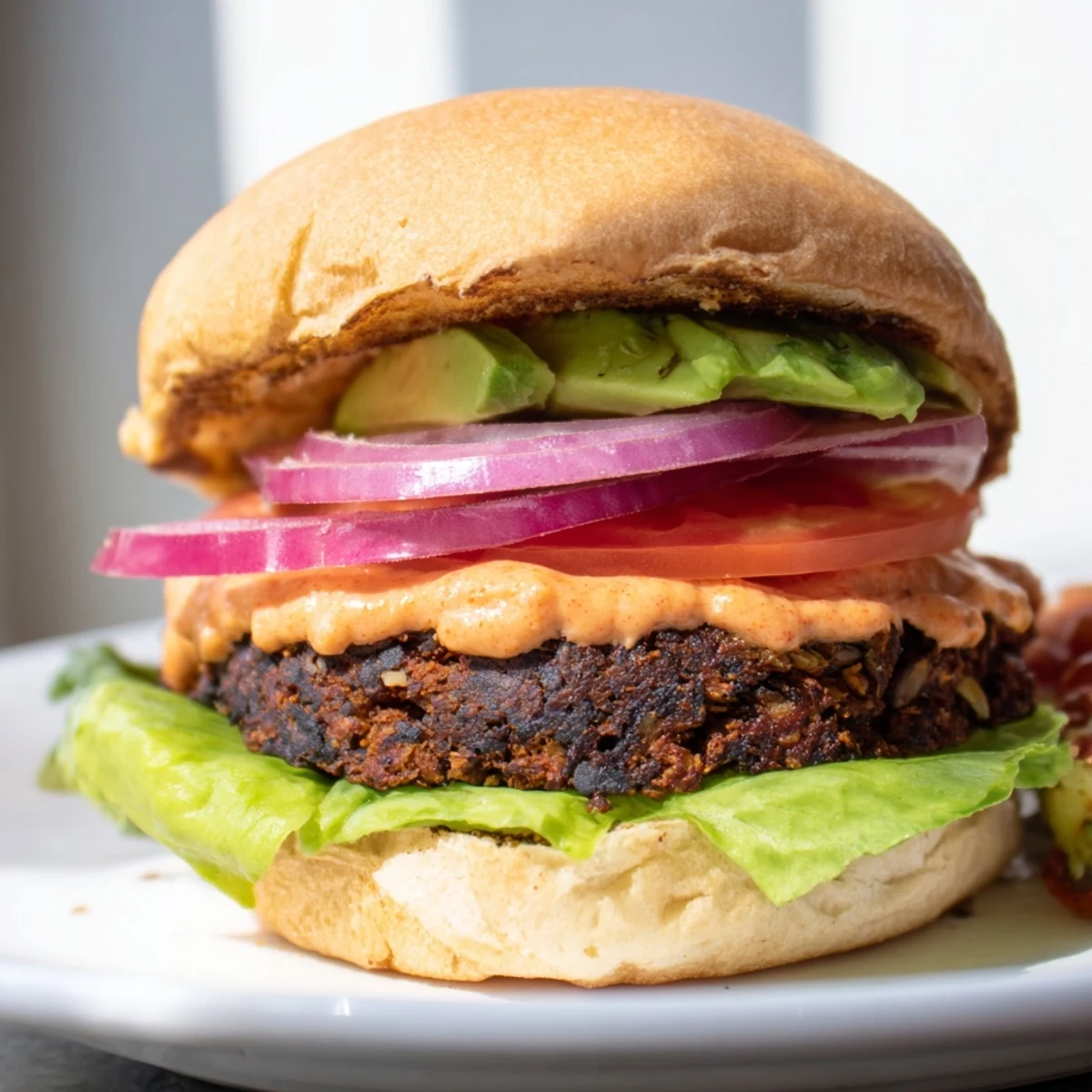 Smoky Vegan Black Bean Burger with Chipotle Mayo, sliced to reveal a hearty, spiced interior and creamy sauce.