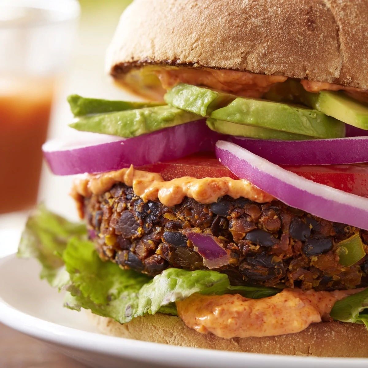 Vegan Black Bean Burger with Chipotle Mayo on a rustic plate with avocado, red onion, and lime wedges.