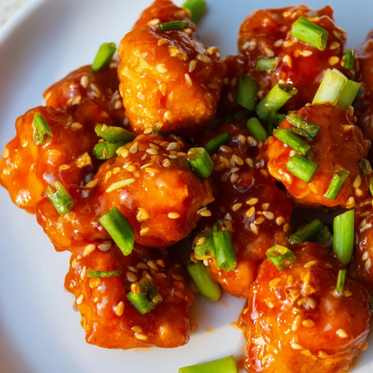 Golden-brown Super Bowl Spicy Sriracha Chicken Bites glistening with a fiery glaze, garnished with fresh cilantro and sesame seeds on a platter.